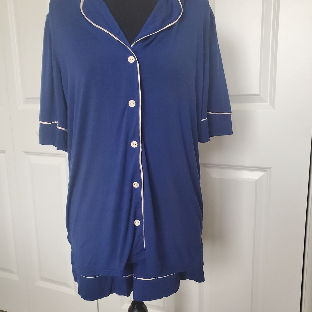 Adore Me Blue Classic Pajama Set with White Piping